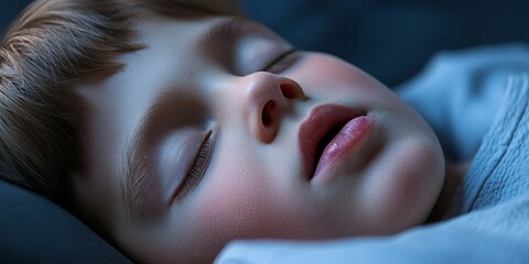 Close up of a boy sleeping with his mouth open, highlighting the phenomenon of child snoring. This image captures the concept of disordered sleep in children and their breathing habits.