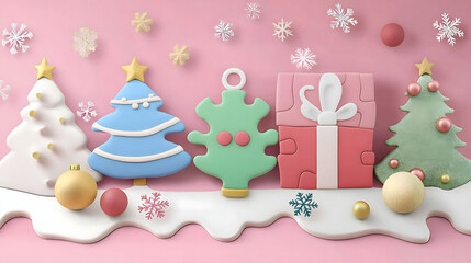 Colorful and Festive Christmas Decorations Including Trees, Gifts, and Ornaments on a Pink Background for a Joyful Holiday Atmosphere