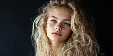 Fototapeta premium Portrait of a young attractive blonde featuring natural beauty, with long curly hair showcased against a sleek black background, emphasizing the charm of an unadorned blonde look.