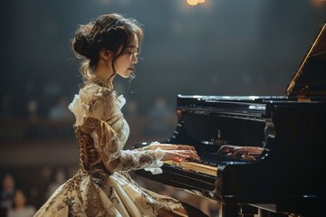 A young woman elegantly playing a grand piano in a dramatic concert setting.