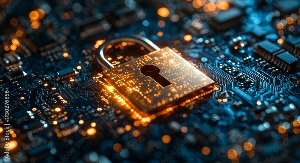 Poster digital padlock symbol representing cyber security. technology for network and data protection displ