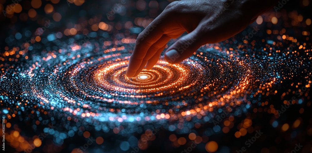 Poster the concept of big data. a digital neural network. a businesswoman's hand touching an introduction t