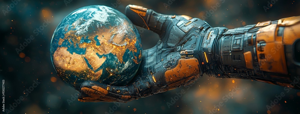 Poster the image of a businessman's hand holding a night-lit earth illustrates innovation, global virtual o