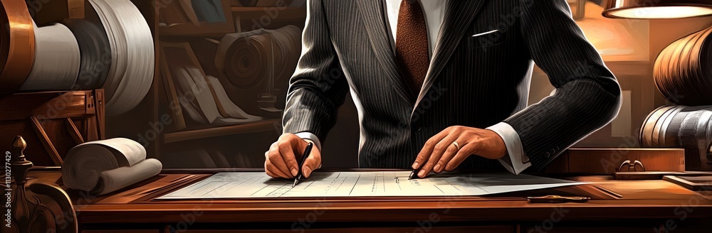 Poster a well-dressed individual drafting plans on a desk surrounded by rolled documents.