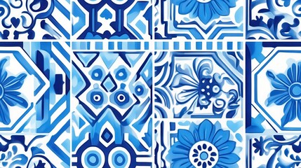 Seamless Pattern with Santorini-Inspired Blue and White Tile Designs Intricate blue and white geometric patterns and delicate floral motifs are arranged in a sophisticated and elegant style.