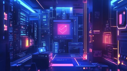 Obraz premium Neon-lit futuristic room, glowing screens, digital data.