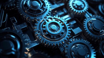 Interlocking metallic gears, intricate design, blue-toned.