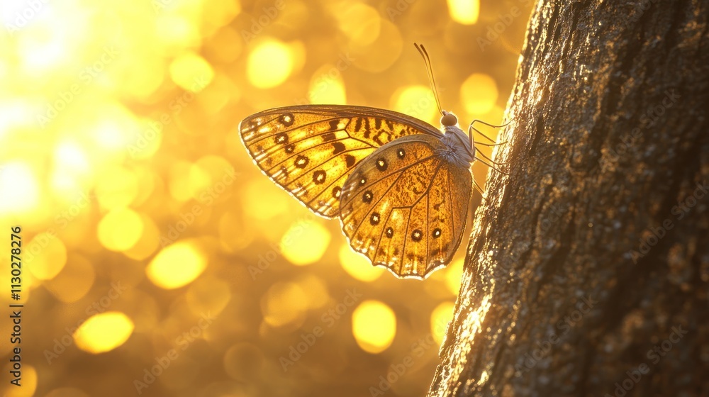 Aufkleber A butterfly perched on a tree, illuminated by warm sunlight, creating a serene atmosphere.