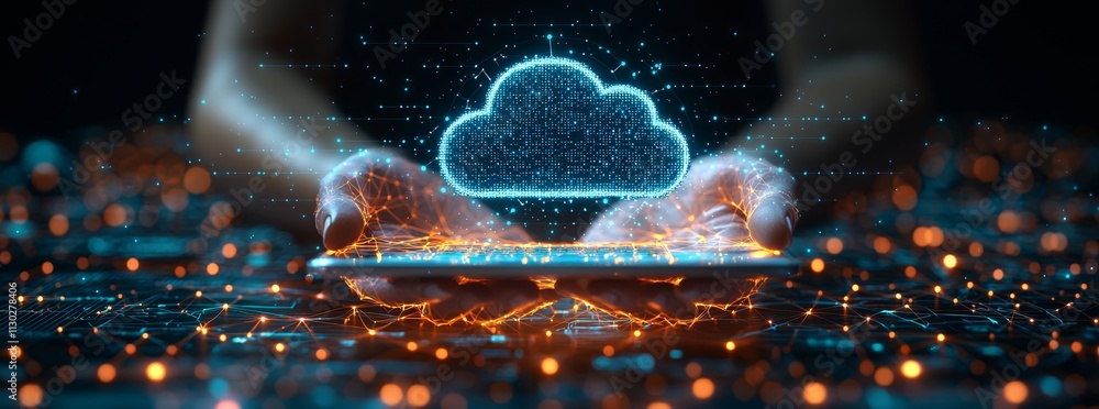 Poster a hand displays a laptop with a cloud network, illustrating a computer's connection to an internet s