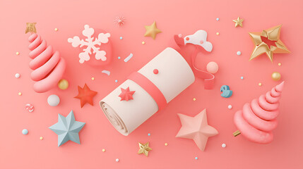 Colorful Christmas Decoration with Artful Elements on Pink Background, Featuring Stars, Snowflakes, Swirls, and Festive Gifts for Holiday Cheer and Celebrations