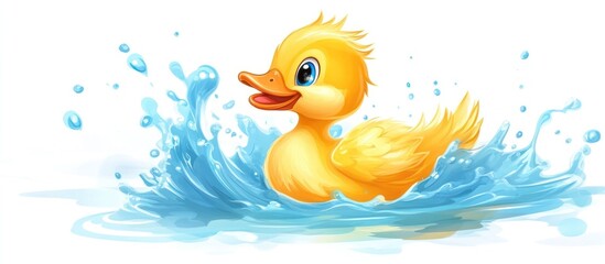 Obraz premium A fluffy cartoon duckling splashing in water, white background