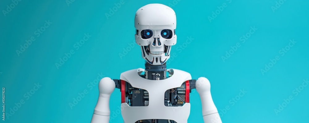 Leinwandbilder a futuristic robot model with a skeletal design and visible circuitry, set against a vibrant blue ba