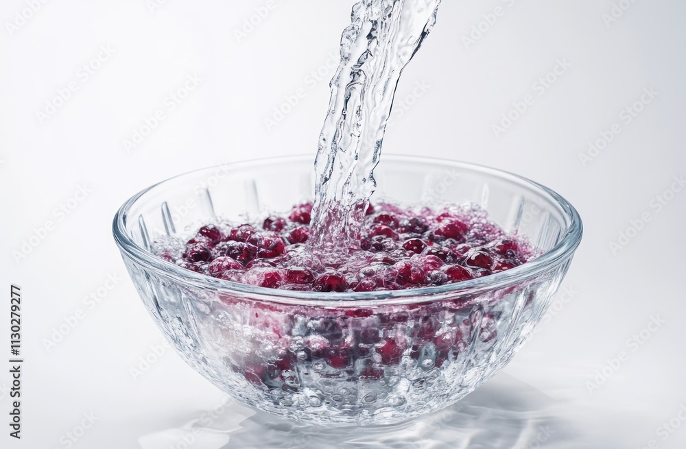 Poster fresh berries being rinsed in a clear bowl under running water.