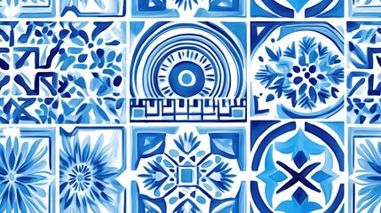 Seamless Pattern with Santorini-Inspired Blue and White Tile Designs Intricate blue and white geometric patterns and delicate floral motifs are arranged in a sophisticated and elegant style.