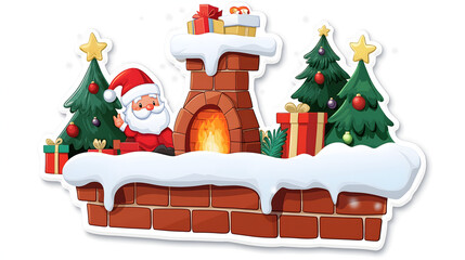 Cheerful Santa Claus by a Cozy Fireplace Decorated for Christmas with Colorful Presents and Vibrant Evergreen Trees in a Festive Winter Setting