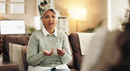 Conversation, therapist and patient in office for mental health, stress or anxiety at appointment....