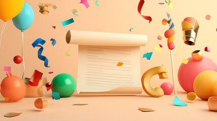 Colorful Celebration Scene with Helium Balloons, Party Confetti, and Blank Scroll for Event Announcement or Invitation Design on Soft Peach Background