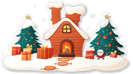 Charming Christmas Cottage Surrounded by Decorated Trees and Gifts, Featuring a Cozy Fireplace, Snowflakes, and a Cheerful Santa for a Festive Holiday Atmosphere