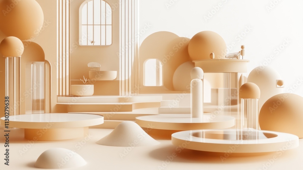 Poster A minimalist 3D environment featuring soft shapes and neutral tones, emphasizing tranquility.