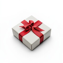 Obraz premium Floating Elegant Gift Box with Red Ribbon Bow on White Background Perfect for Special Occasions and Celebrations