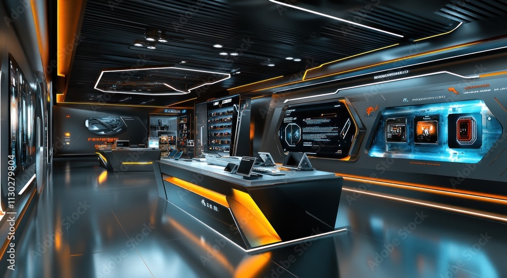 Aufkleber futuristic tech showroom featuring sleek displays and interactive screens.