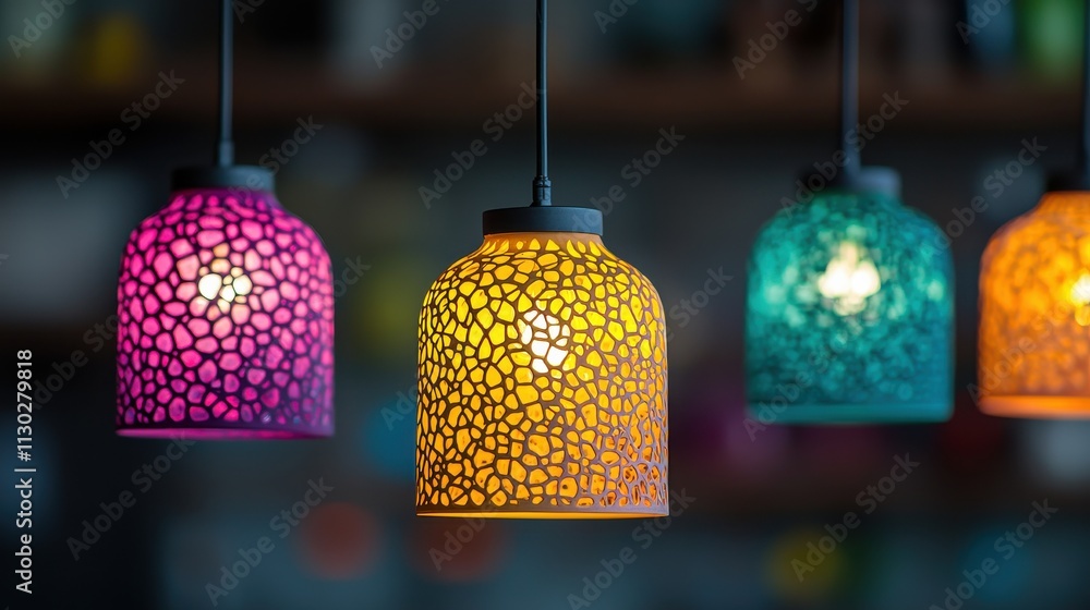 Poster colorful decorative hanging lamps with intricate designs illuminate a cozy space, adding warmth and 