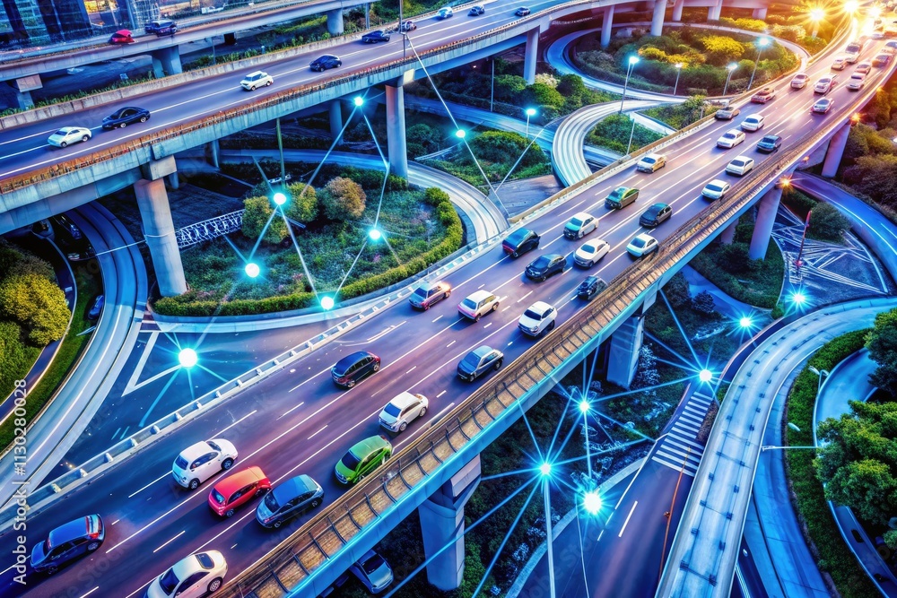 Poster autonomous vehicles traverse a smart highway; iot infrastructure visible from above.