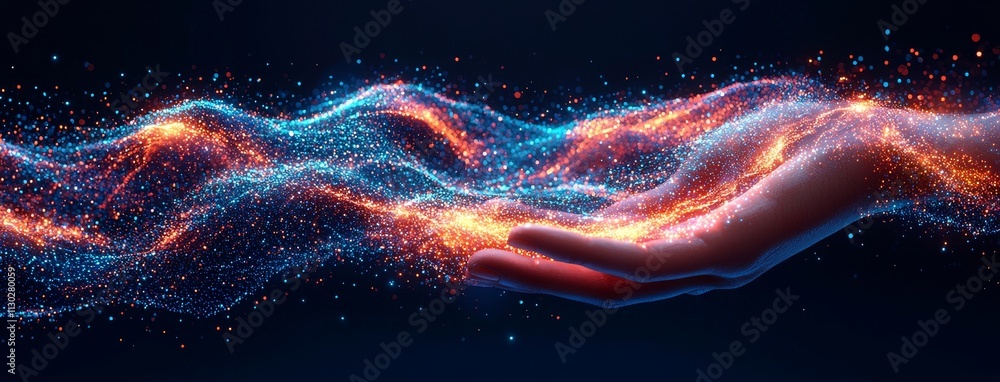 Poster the concept of the metaverse universe. a digital neural network. a businessman's hand touching stock