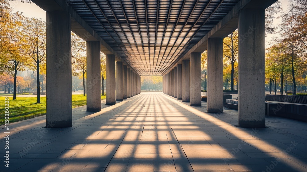 Poster a serene walkway framed by columns and autumn trees, creating a peaceful atmosphere.