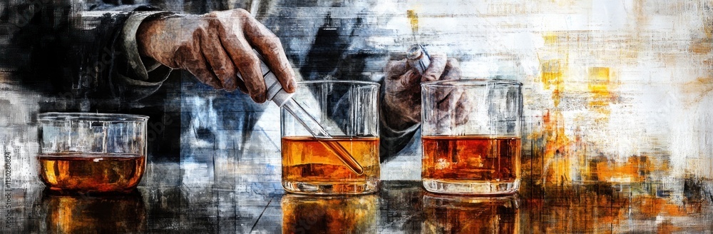 Aufkleber A scientist conducting an experiment with amber liquid in glassware.