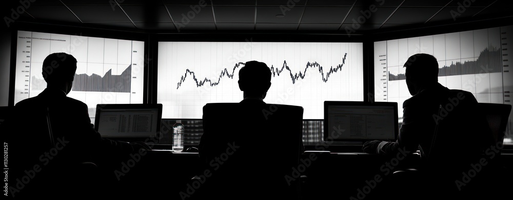 Poster silhouetted figures observing financial graphs in a dark control room.
