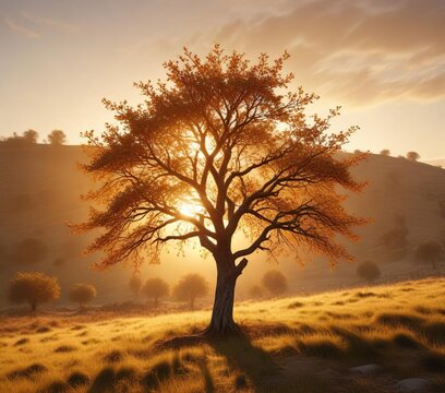 Lonesome Hawthorn tree bathed in warm golden light , landscape, summersun, evening