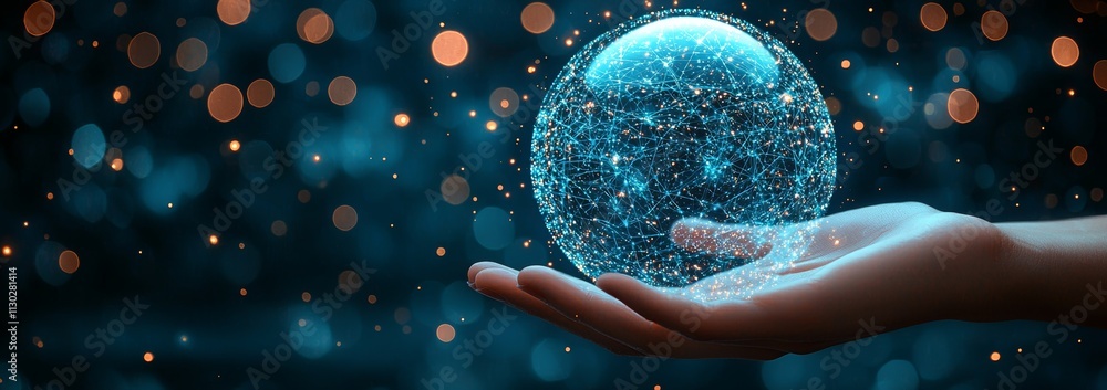 Poster a businessman's hand holding the metaverse universe, representing a night-time expanding earth and g