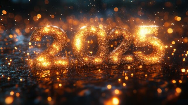Golden 3D numbers representing New Year 2025 with a glittering background for festive and celebratory visuals