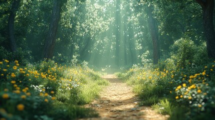 Fototapeta premium Sunlit path through a lush forest with yellow wildflowers.