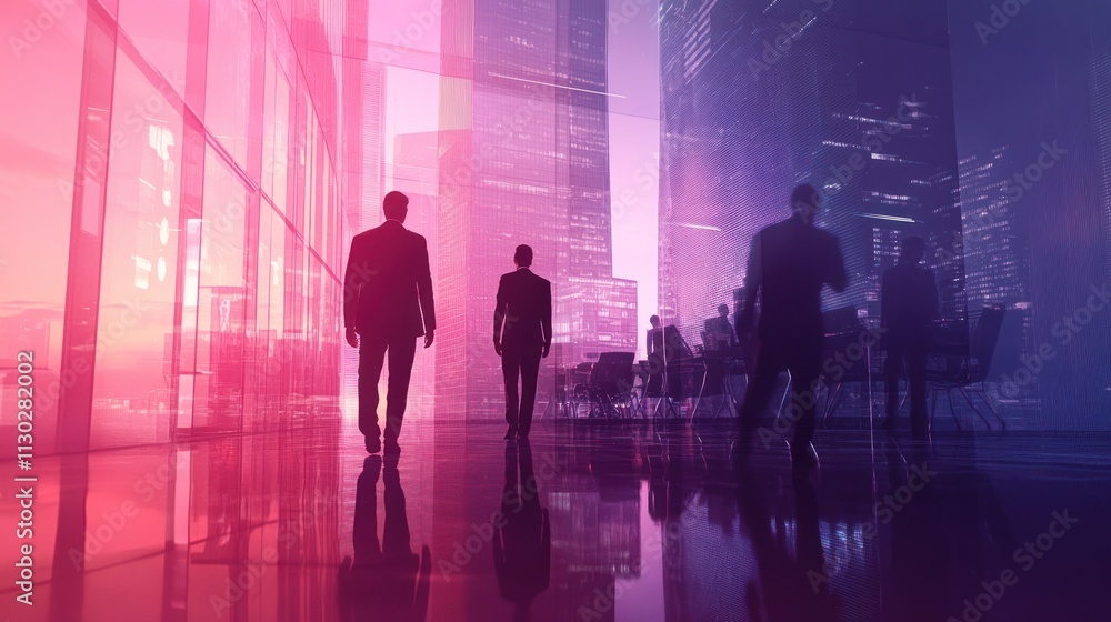 Poster silhouetted figures in a modern office setting with a vibrant, abstract background.