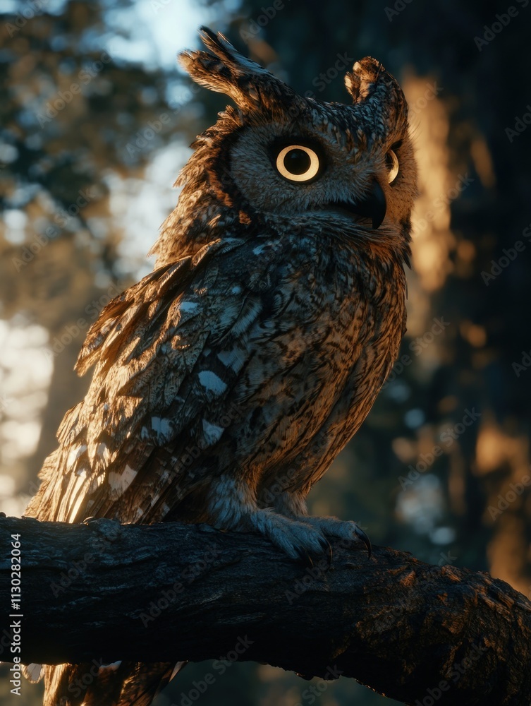 Poster a detailed, realistic depiction of an owl perched on a branch in a forest setting.