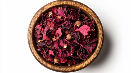 Dried hibiscus petals in wooden bowl.