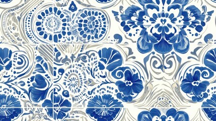 Seamless Pattern with Santorini-Inspired Blue and White Tile Designs Intricate blue and white geometric patterns and delicate floral motifs are arranged in a sophisticated and elegant style.