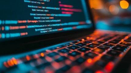 Laptop screen displays colorful code, keyboard blurred.