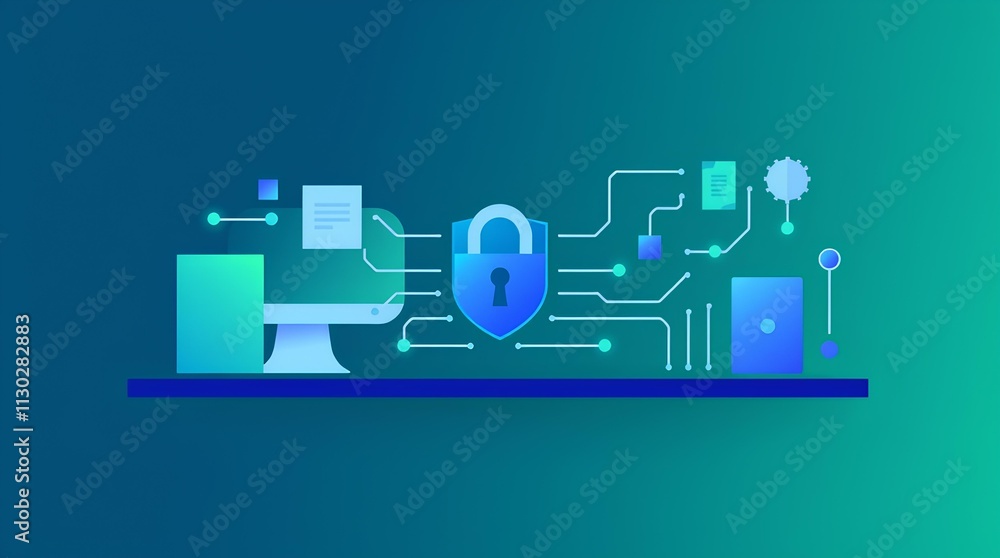 Poster futuristic security interface with a padlock icon, highlighting online protection, encryption, and t