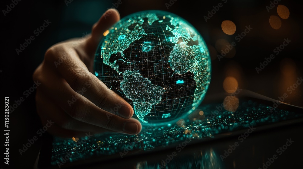 Poster a business hand extends to a global network structure and data exchanges, connecting with customers 