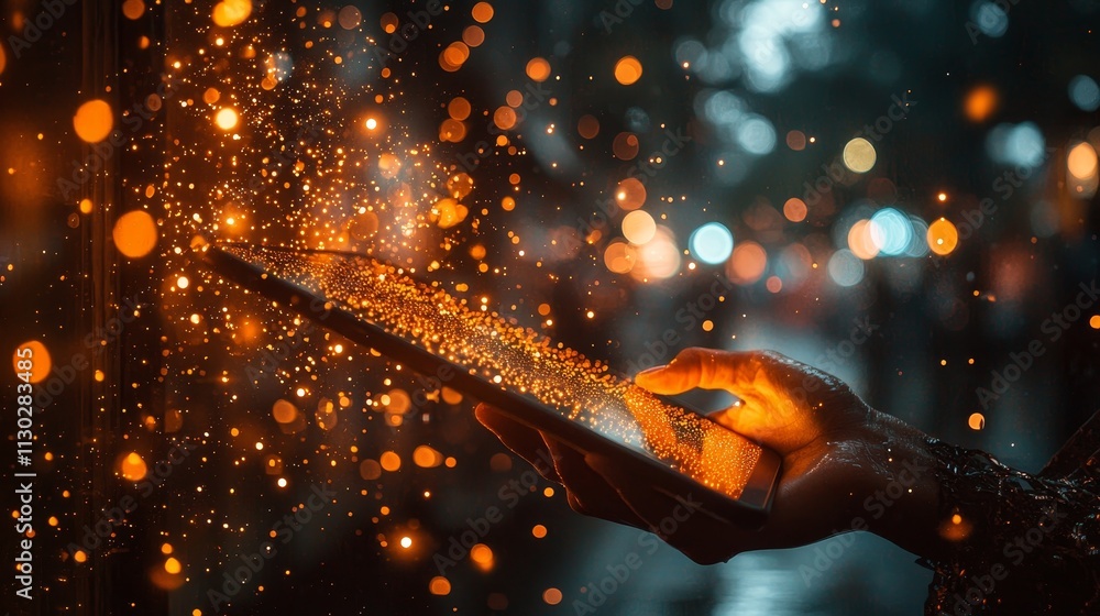 Poster a hand symbolizing business connects to a global structure and data exchanges, forming customer conn