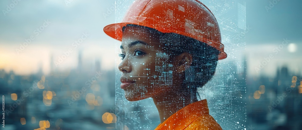 Poster outline of an engineer and business team innovating in the future industry with automation robot arm