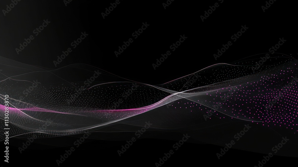 Poster abstract wavy lines with pink dots on a black background, suggesting movement and energy.