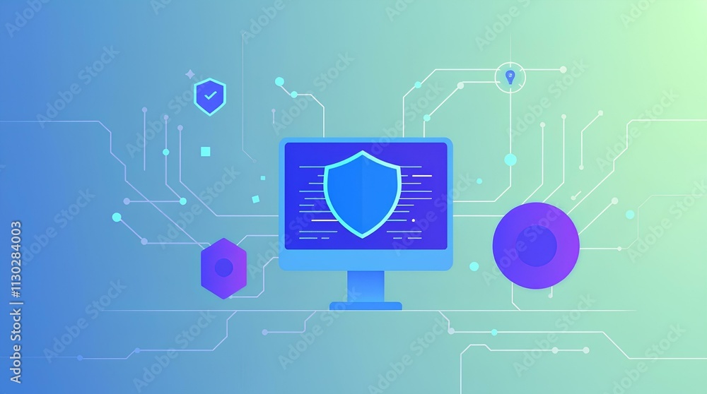 Poster desktop screen displaying a shield and lock in a cyber-safe environment