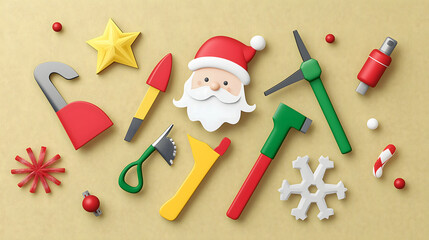 Festive Workshop Tools and Santa Character Illustration for Holiday Crafts and Decorations with Colorful Elements on a Warm Background