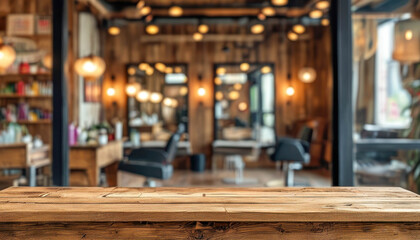 Naklejka premium Interior of a hairdressing salon, a wooden table in the foreground. In the background are chairs for clients, mirrors and shelves with cosmetic products.