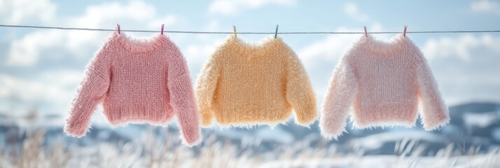 Pastel-colored Knitted Sweaters on Rural Clothesline, Capturing Tranquil Landscape Backdrop
