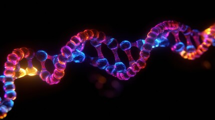 A glowing neon helix representing DNA synthesis and the interaction of molecules in genetic research